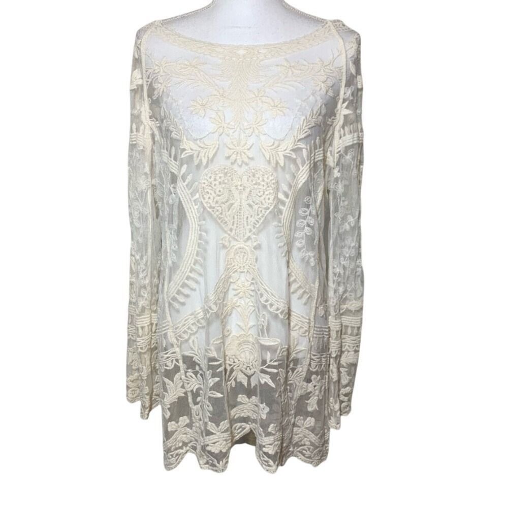 POL Tunic Creme Mesh Lace Crochet Heart Hummingbird Small Medium Cotton